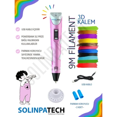 Solinpatech Pembe 3D Pen Üç Boyutlu Yazıcı Kalem Printer (3 Adet 3 Metre Filament -9 Metre- ve USB