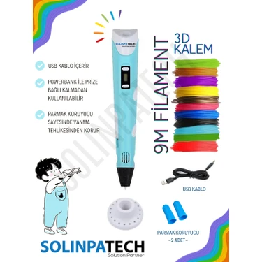 Solinpatech Mavi 3D Pen Üç Boyutlu Yazıcı Kalem Printer (3 Adet 3 Metre Filament -9 Metre- ve USB