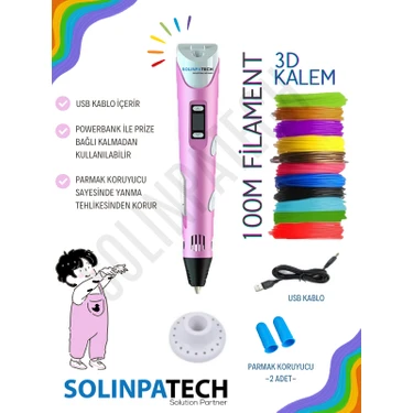 Solinpatech Pembe 3D Pen Üç Boyutlu Yazıcı Kalem Printer (20 Adet 5 Metre Filament -100METRE- ve