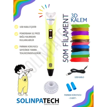 Solinpatech Sarı 3D Pen Üç Boyutlu Yazıcı Kalem 5 Metre 10 Adet Filament ve USB KABLO ile Birlikte