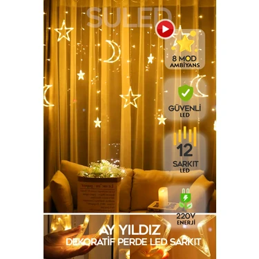 Suled   SL-1037 Ay Yıldız Perde LED 8 Mod Saçaklı Perde Peri Mutfak Işık Dekoratif Lamba LED