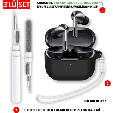 Ewec Samsung Galaxy Buds3 ve Pro Uyumlu Silikon Kılıf Kulaklık İpi ve Temizleme Kalemi