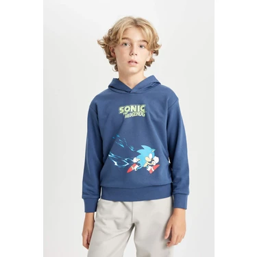 DeFacto Erkek Çocuk Sonic the Hedgehog Kapüşonlu Sırt Baskılı Sweatshirt