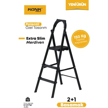 Konk Tools Extra Süper Slim Siyah Merdiven 2+1 Metal Basamaklı