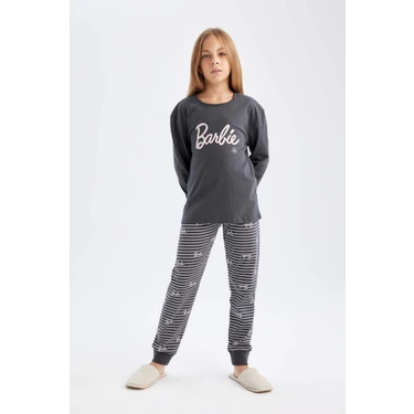 DeFacto Kız Çocuk Pijama Takım Barbie Uzun Kollu Üst Beli Lastikli Uzun Alt