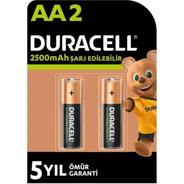 Duracell Şarj Edilebilir AA Pil (2'li Paket), 2500 mAh NiMH, önceden şarj edilmiş, 1 Numaralı En