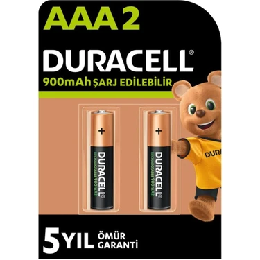 Duracell Şarj Edilebilir AAA Pil (2'li Paket), 900 mAh NiMH, önceden şarj edilmiş, 1 Numaralı En