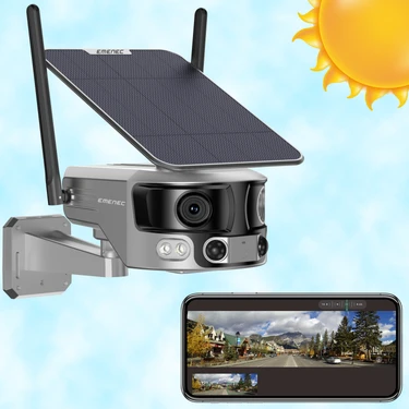 Emenec ESK-180 Wi-Fi Güneş Enerjili 4K 180° Çift-Lensli Panoramik Güvenlik Kamerası | Solar