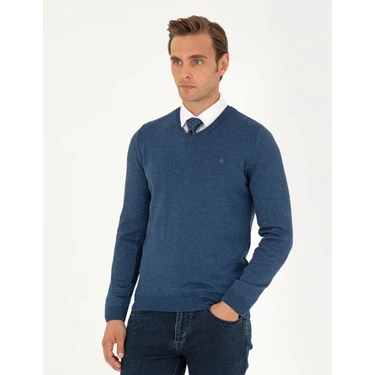 Pierre Cardin Erkek İndigo Melanj Slim Fit V Yaka Basic Triko Kazak