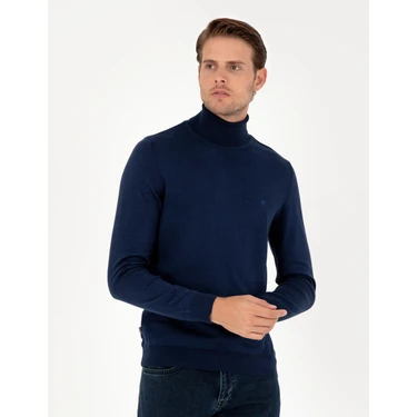 Pierre Cardin Erkek Açık Lacivert Slim Fit Balıkçı Yaka Basic Triko Kazak