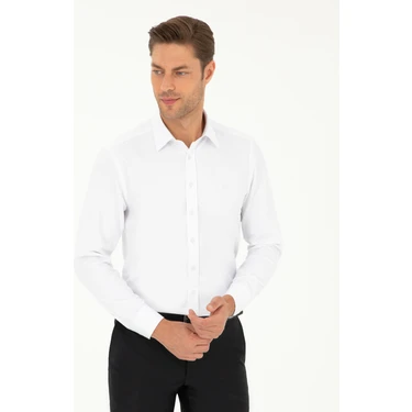 Pierre Cardin Erkek Beyaz Slim Fit Armürlü Uzun Kollu Gömlek