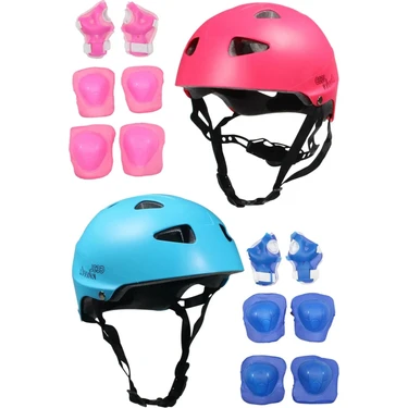 Sportaj Pembe Mavi 2 Li  Çocuk Kask ve Dizlik Dirseklik Seti Spor Koruyucu Donanım Seti Kaykay