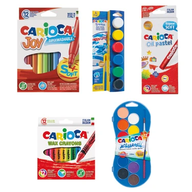 Carioca Okul Boyama Seti 5'li (Sulu Boya 12'li - Wax Crayon 12'li - Yağlı pastel 12'li- Joy Keçeli