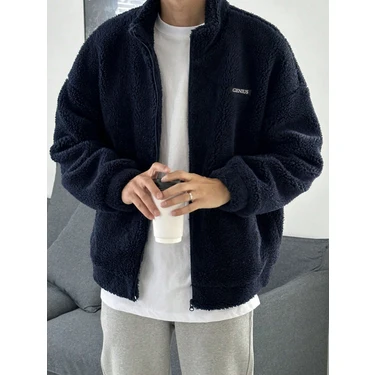 Genius Store Oversize Tam Fermuarlı Kuzu Sweatshirt Içi Polarlı Sherpa Kumaş Sweatshirt Lacivert