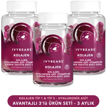 Ivybears Çiğnenebilir Kolajen Vitamin 3´lü Set - Tip 1 - Tip 3 - Hyaluronik Asit - Vitamin B2 - 180