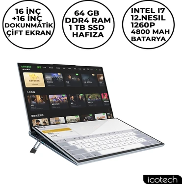 Icotech DS16 Plus 16+ 16 Inç I7 12.nesil 64GB Ram 1 Tb SSD Çift Ekranlı Dokunmatik Laptop Dizüstü