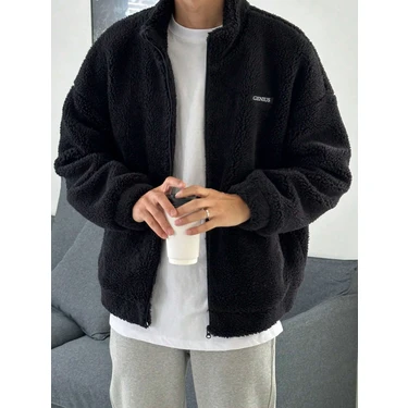 Genius Store Oversize Tam Fermuarlı Kuzu Sweatshirt Içi Polarlı Sherpa Kumaş Sweatshirt Siyah