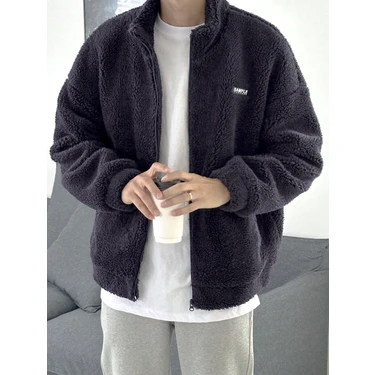 Genius Store Oversize Tam Fermuarlı Kuzu Sweatshirt Içi Polarlı Sherpa Kumaş Sweatshirt Füme