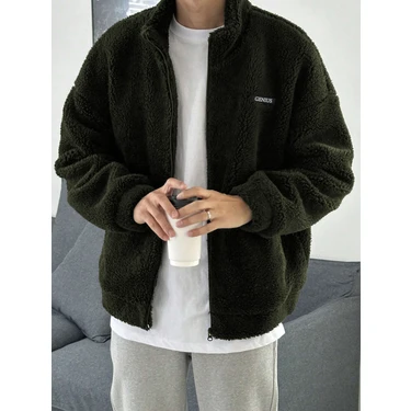 Genius Store Oversize Tam Fermuarlı Kuzu Sweatshirt Içi Polarlı Sherpa Kumaş Sweatshirt Haki