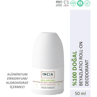 INCIA %100 Doğal Roll On Deodorant Beyazlatıcı Ter Kokusu Önleyici Lekesiz 50