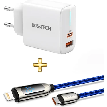 Rosstech 20W Pd Hızlı Şarj Adaptörü + 20W Usb-C To Lightning Dijtal Ekranlı Hızlı Şarj Kablosu