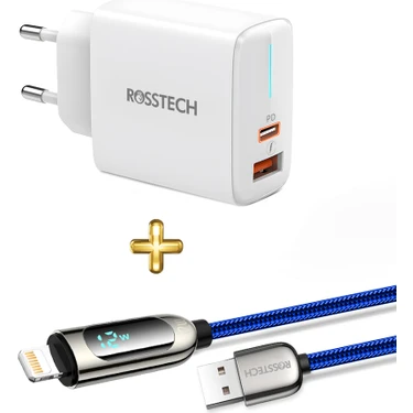 Rosstech 20W Pd Hızlı Şarj Adaptörü + 12W Lightning To USB Dijtal Ekranlı Hızlı Şarj Kablosu