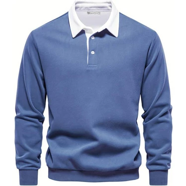 Ghassy Co. Erkek Rüzgara Dayanıklı Pamuklu Gömlek Yaka Sweatshirt Mavi Günlük Kullanım