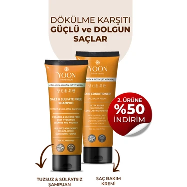 Yoon Vegan Tuzsuz Şampuan 250ML & Saç Bakım Kremi 200ML Sülfatsız, Kolajen ve Biotinli 2'li