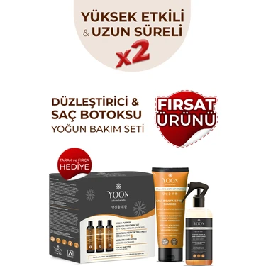 Yoon 3'lü Uzun Süren Düzleştirici & Saç Botoxu Kiti, Tuzsuz Şampuan 250ML Saç Spreyi 250ML Saç