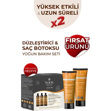 Yoon 3'lü Uzun Süren Düzleştirici & Saç Botoxu Kiti, Tuzsuz Şampuan 250ML, Saç Kremi 200ML Saç