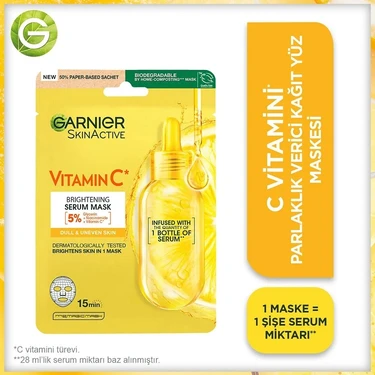 Garnier C Vitamini Parlaklık Verici Kağıt Yüz Maskesi 28 g Hassas Ciltler İçin Nemlendirici