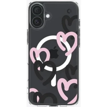 Spigen iPhone 16 Kılıf Ultra Hybrid MagFit MagSafe özellikli Hearts Black Pink -