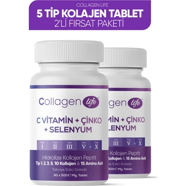 Collagen Life 2'li Fırsat; 5 Tip Kolajen Tip 1 Tip 2 Tip 3 Tip 5 Tip 10, Selenyum , C Vitamini ve