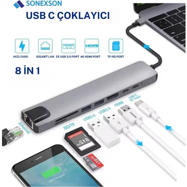 Sonex USB Type-C Hub Dönüştürücü Çevirici Çoklayıcı USB Hdmı Micro Sd 8