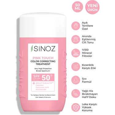 Sinoz Pink Touch Açık Tenlilere Özel Anında Ton Eşitleyici Yüz Bakım Kremi Spf50 - Mineral Güneş