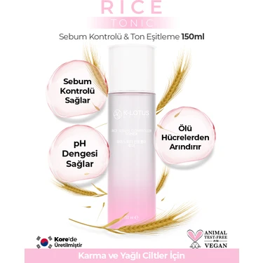 K-Lotus Beauty Sebum Kontrolü, Ölü Deriden Arındırma, Akne Kontrolü Etkili Rice Sebum Kontrol Tonik