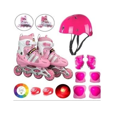 Pembe Işıklı Teker Ayarlanabilir Çocuk Alıştırma Paten 2 Fonksiyon Çakarlı Kask Dizlik