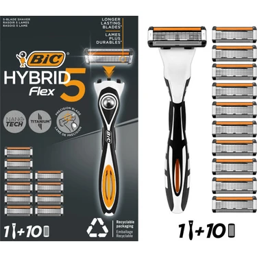 Bic Flex 5 Hybrid Tıraş Bıçağı Seti 1 Gövde + 10 Yedek Başlık - 5 Bıçaklı Erkek Tıraş