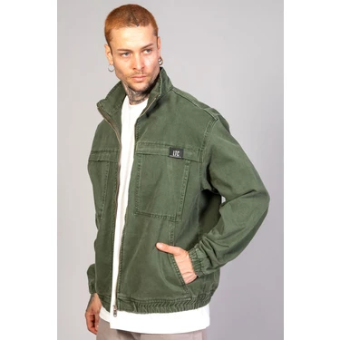 Oversize Haki Yıkamalı Modelli Erkek Fermuarlı Bomber Kot