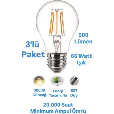 8W Rustik LED Ampul Günışığı E27 Duylu Dekoratif Ampul Flamanlı 900