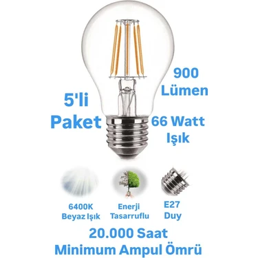 8W Rustik LED Ampul Beyaz Işık E27 Duylu Dekoratif Ampul Flamanlı 900