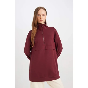 DeFacto Yarım Fermuarlı Dik Yaka Basic Düz Sweatshirt Tunik