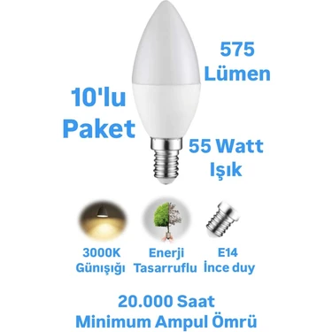 ACK 7W Buji LED Ampul Günışığı 575 Lümen Avize Ampulü Mum Ampul E14 Ince Duylu