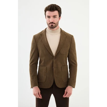 MCR Çizgili Kamel Rengi Slim Fit Torba Cep Mono Yaka Kadife Erkek