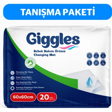 Giggles 60x60 Bebek Bakım Örtüsü 20 Adet Süper Emici Doku ile Kaymayı Engelleyen