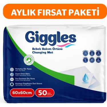 Giggles 60x60 cm Bebek Bakım Örtüsü 5 Paket (50 Adet) Kaymayı Engelleyen Özelliklerle Üst Düzey
