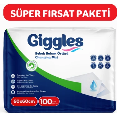 Giggles 60x60 cm Bebek Bakım Örtüsü Alt Açma Bezi 10 Paket (100 Adet) Pamuksu Üst Yüzey ile