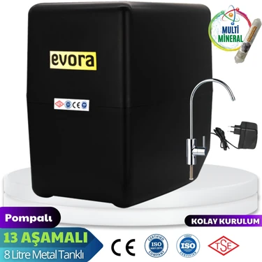 Evora 13 Aşamalı 8 LT Çelik Tanklı Pompalı  Multimineralli Su Arıtma Cihazı Premium