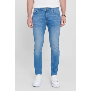 AC&Co / Altınyıldız Classics Erkek Açık Mavi Ekstra Slim Fit Dar Kesim Rıss Pamuklu Esnek Denim