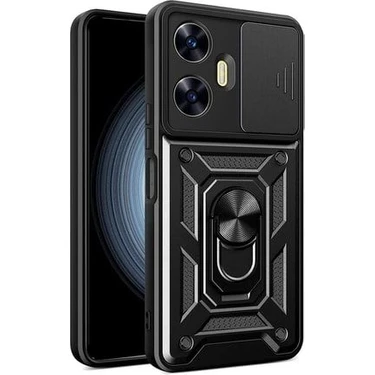 MTK Moveteck Realme C55 Kılıf Kamera Korumalı Sürgülü Lens Koruyucu Dönebilen Yüzüklü Armor